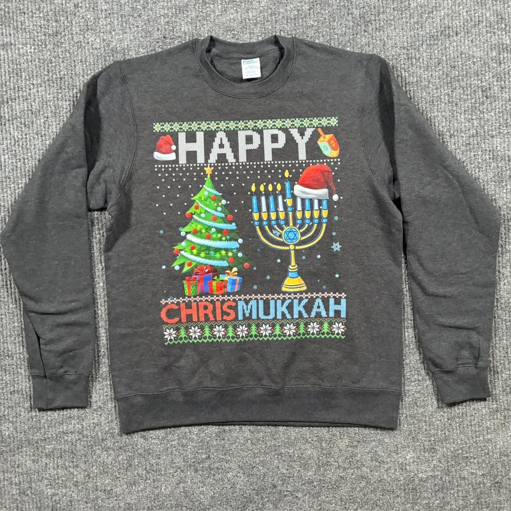 Port & Company Mens Chrismukkah Sweatshirt M Gray Holiday Christmas Crewneck